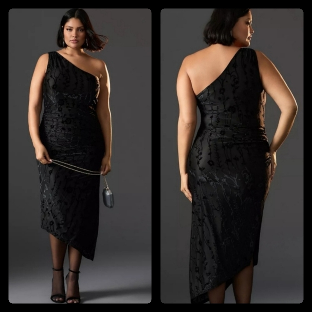 NWT Anthropologi Hutch One-Shoulder Black Ruched Velvet Elegant Feminine Dress